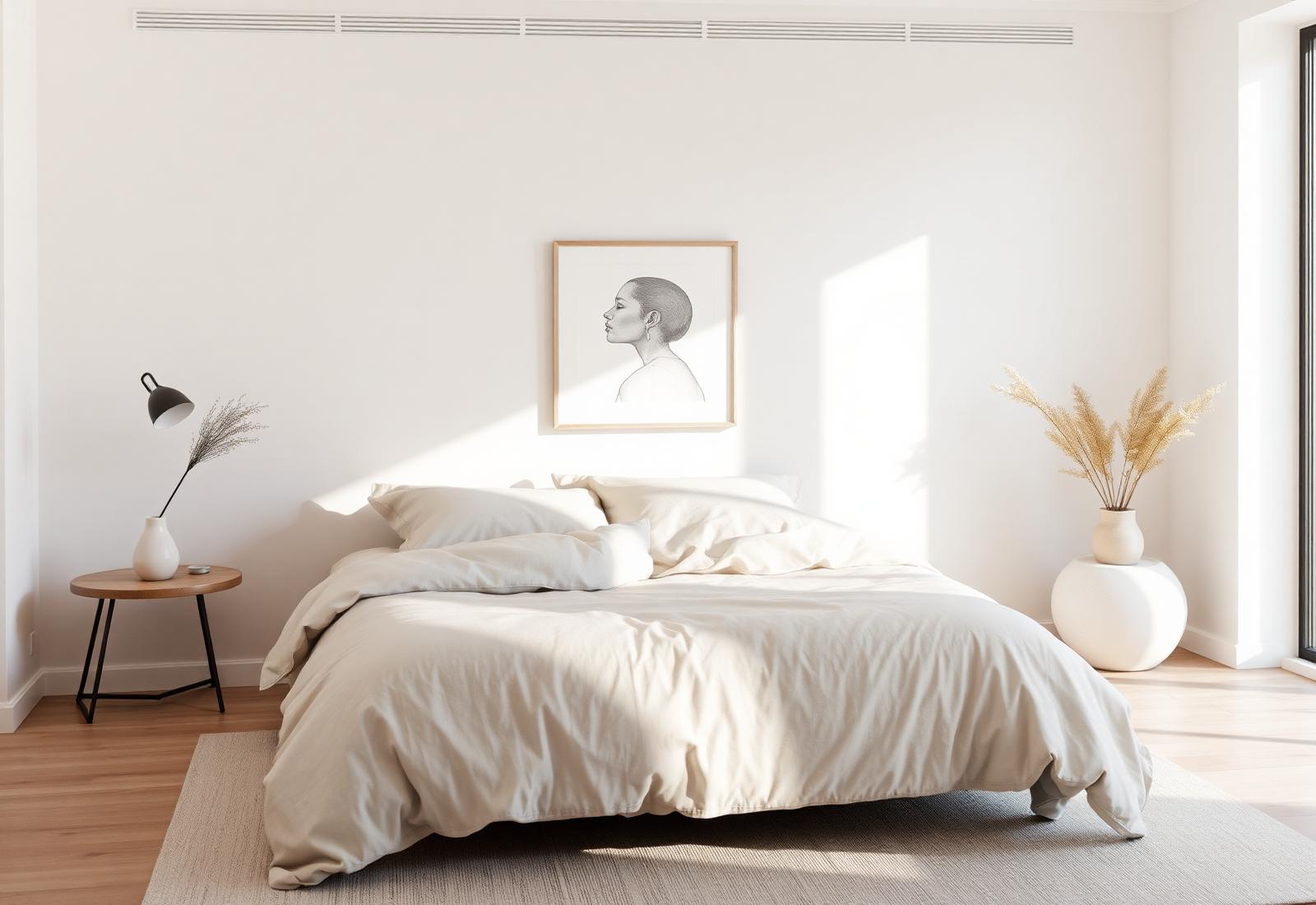 Warm neutral bedroom interior design in a California home